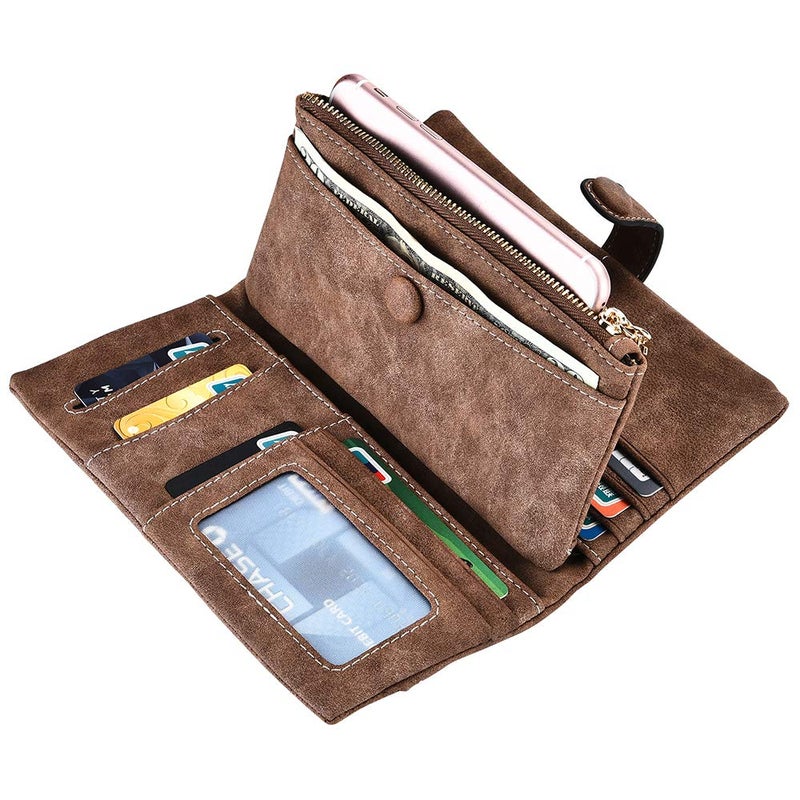 Bird&Fish Women wallet Vegan Leather wallet for women Bifold Clutch Large Capacity Card Organizer Buckle Long Purse for Girls Candy Color(Coffee) â€¦ - Image 2